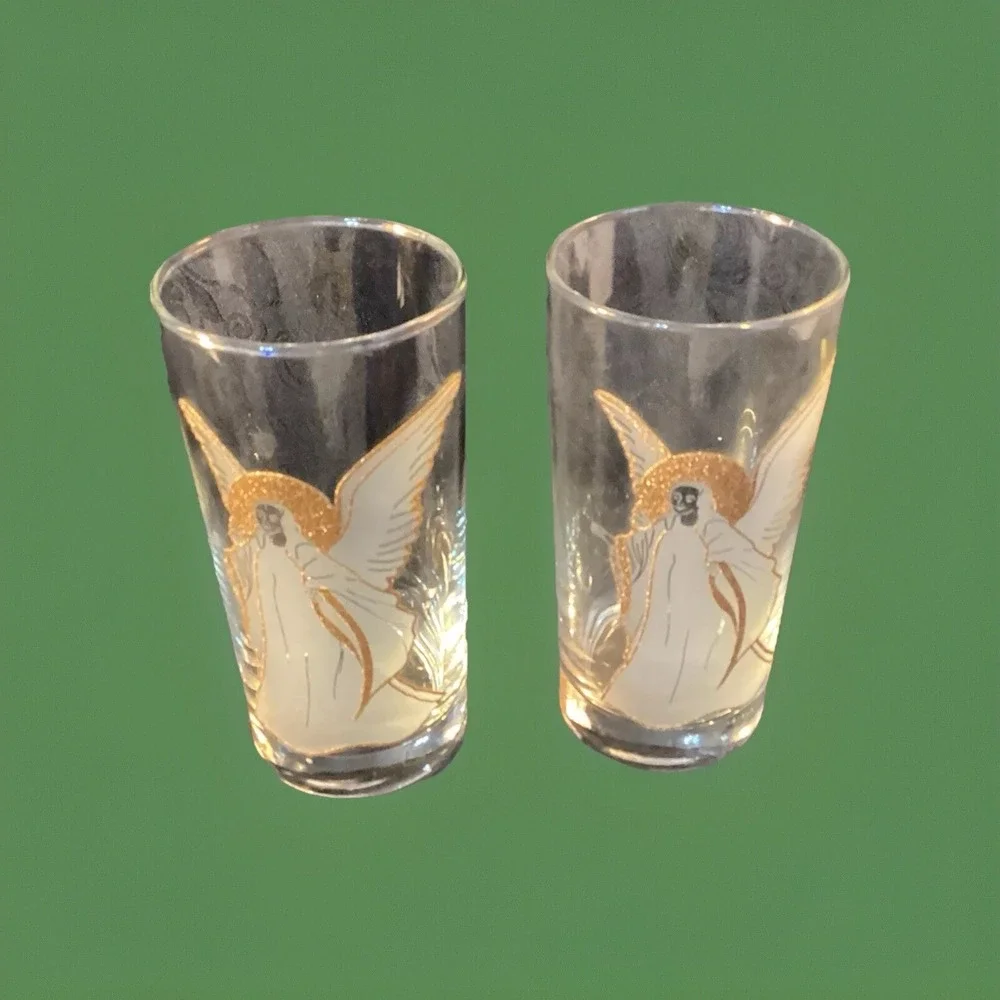 Set of 2 Vintage Tall Glasses with Frosted Angel with Gold Accents MCM Glassware
